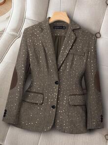 HOMEYEE 亮片装饰长袖西装外套，复古优雅休闲商务办公装，适合所有季节，秋冬春季皆宜。 - 棕色 - 查看 7