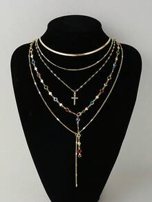 4pcs Elegant Luxurious Sexy Women Friendship Flower Gold Tone Cross Faux Pearl Necklace Set, Layered Long Necklaces For Daily, Party, Wedding Occasions