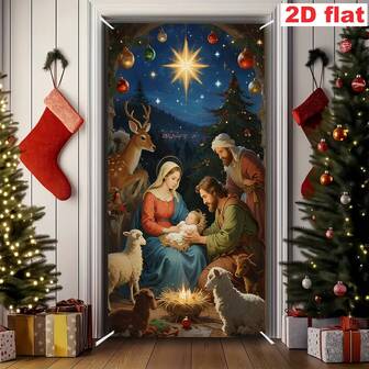 1 pezzo Striscione piatto 2D, in materiale di poliestere, con design natalizio con Gesù, Maria, pecore e cervi, perfetto per decorazioni a tema religioso, tenda per porta interna/esterna natalizia, senza elettricità richiesta
