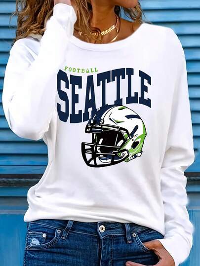 Women'S Seattle Football Team Spirit Long Sleeve T-Shirt - Official Helmet Applique Design, Regular Fit Crew Neck, All-Season Casual Fan Apparel With Green & Golden Colors, Game Day Outfit, S Supporter Wear, Teaminspired Clothing, Durable MaterialNew Women's T-Shirt: Casual And Versatile For Back-To-School Season High Value For Money, Soft And Skin-Friendly