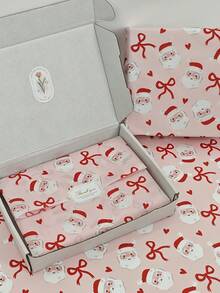 5/10/20/40pcs Christmas Santa Claus Tissue Wrapping Paper - Pink Background With Red & White Santa & Bow Design | Handmade Durable Gift Wrapping & Party Decorations For Christmas, Festive Packaging, Christmas Decorations, Festive Paper, Thin Paper, Santa Claus Theme, Highquality Paper