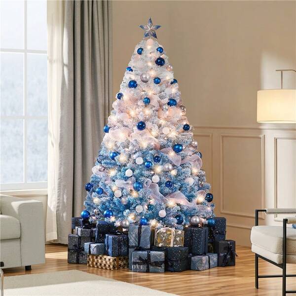 Pre-Lit Frosted Christmas Tree With Incandescent Warm White Lights, Artificial Xmas Tree With Foldable Stand, Holiday Decorations, 4.5ft/6ft/7.5ft, Green/Lake Blue Gradient