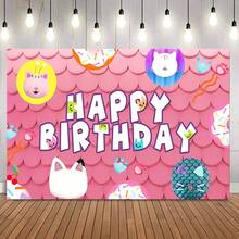 1 pièce Mignon toile de fond de décoration de fête d'anniversaire de Gabby's Dollhouse avec motif de chat rose - 210 x 13 cm / 150 x 100 cm / 100 x 75 cm, Adorable décoration murale de fête thème chat rose et blanc de Gabby's Dollhouse, décoration d'arrière-plan de table de gâteau pour baby shower
