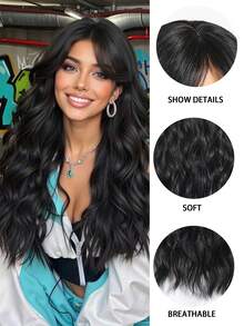 24 Zoll schwarze mittelgescheitelte lange lockige Haare, elegante Damenperücke, hitzebeständige synthetische gewebte Perücke, perfekt für Urlaubsreisen, Partys, Rollenspielakteure, Halloween und Weihnachten Alltagskleidung, Halloween Perücke, Mädchen Urlaubsgeschenk