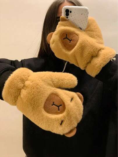 Five-Finger Warm Capybara-Shaped Hand Cover With Capybara Paw Pads, Soft Fur-Like Texture, Non-Elastic Snug Fit For Skiing, Snow & Cold Weather, Cute Animal-Themed Gift (Hand Washable) Winter Warm