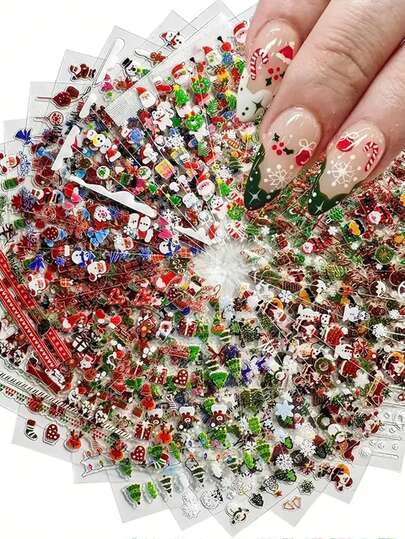 1000+图案 30张 3D圣诞美甲贴纸，Kalolary 3D自粘美甲贴纸，圣诞老人、雪花、雪人、圣诞铃铛、圣诞树、麋鹿等圣诞美甲装饰图案（30张）美甲用品