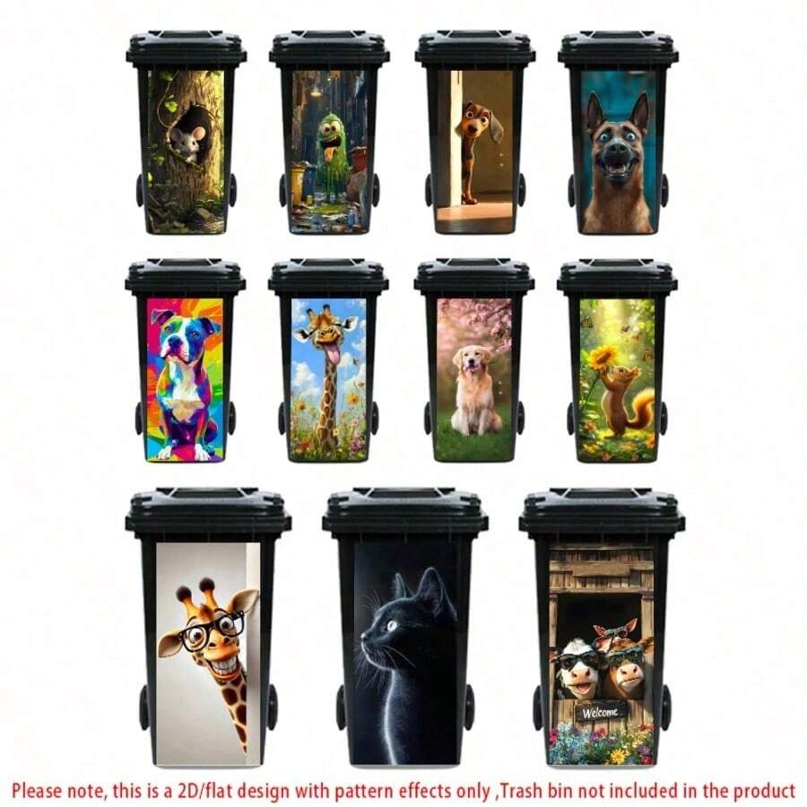 1 pieza Pegatina de cubo de basura con serie de animales divertidos, incluye pegatinas autoadhesivas de PVC con diseños de perro, jirafa, mapache y otros animales, adecuado para cubos de basura al aire libre, decoración de habitaciones, dormitorios, cocinas, paredes y decoración
