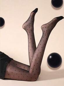 1件装女士波点印花不透明连裤袜 - 黑色 - 查看 3