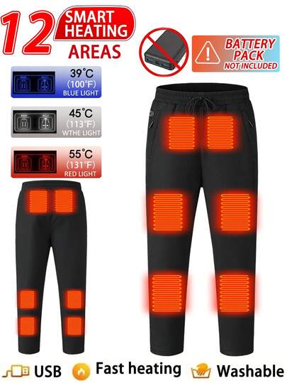 Men's Casual Solid Color Heated Long Pants With 12 Heating Zones, Thermal Insulation For Winter