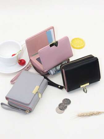 Fashionable Printed Trifold Wallet With Multiple Card Slots, Partition And Chain Strap, Multi-Functional Compact Purse For Women