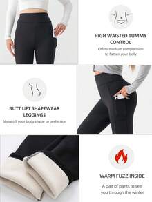 1pc Warm Lining Yoga Pants, High Waist Slim Fit Casual Yoga Sports Pants With Side Pockets, Suitable For Outdoor Sports And Yoga, Women's Elastic Fitness Pants, Women's Thermal Pants, Autumn/Winter