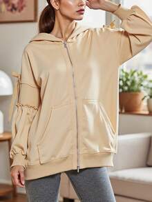 Womens Y2K Zip Up Oversized Hoodie Teen Girls Preppy Side Bow Tie Long Sleeve Loose Fit Hooded Sweatshirts Spring Fall Going Out Jacket Coat With Pockets Outerwear Streetwear - 杏色 - 查看 4