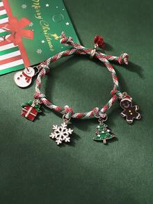 1pc Christmas Festive Cute Painting Christmas Tree Snowflake Gift Box Snowman Gingerbread Man Pendant Adjustable Colorful Rope Bracelet Suitable For Women Holiday Party Gathering Atmosphere Matching Wear Gift For Family And Friends New Year - Multicolor - View 4