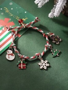 1pc Christmas Festive Cute Painting Christmas Tree Snowflake Gift Box Snowman Gingerbread Man Pendant Adjustable Colorful Rope Bracelet Suitable For Women Holiday Party Gathering Atmosphere Matching Wear Gift For Family And Friends New Year - Multicolor - View 2