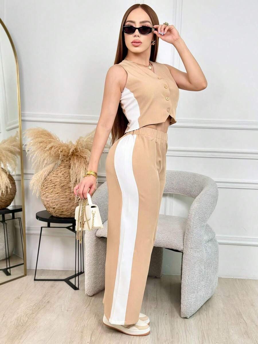 Conjunto de chaleco y pantalon ancho color combinado - Beis - Ver 1