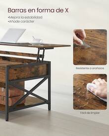 VASAGLE Coffee Table, Liftable Coffee Table For Bedroom, With Open And Hidden Space, X-Shaped Bars, 60 X 100 X (48-62) Cm, Rustic Brown And Black LCT205B01 Desk Coffee Table - 質樸的棕色+黑色 - 查看 7