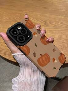 1pc Vintage Cute Autumn Halloween Pumpkin Coffee Illustration Pattern Vertical Faux Leather Soft Protective Phone Case Compatible With IPhone And 17/17PRO/17PROMAX/17Air