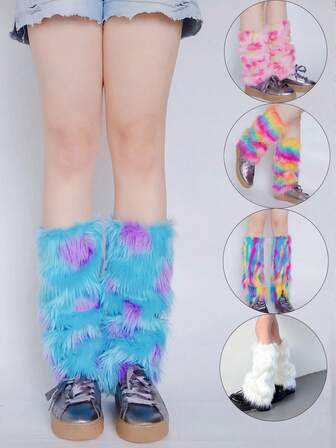 1 Pair Women's Furry Leg Warmers, 25cm Rainbow Leopard Print Y2K Leg Warmers, Suitable For Party , Cozy