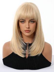 12 Inch Ombre Brown Black Gold Wig, Women's Short Straight Bob Hairstyle With Bangs, Heat Resistant Synthetic Fiber Wig, Fashion Versatile, Suitable For Women & Girls For Daily Wear, Parties, Cosplay, Photography And More - 金色 - 查看 3