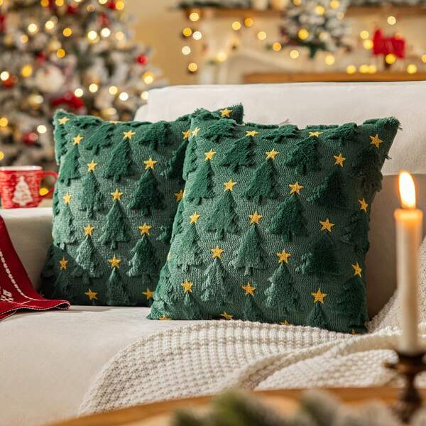 Capa de Almofada Decorativa com Árvore de Natal, 45 x 45 cm, Bordada com Estrelas e Laços, Macia e Aveludada, para o Inverno. Ideal para Decoração de Natal, Presentes de Fim de Ano e Uso Diário. Resistente a Manchas, Tridimensional, Macia e Confortável. Perfeita para Presentear Amigos. Decoração de Natal para Casa e Ambientes.