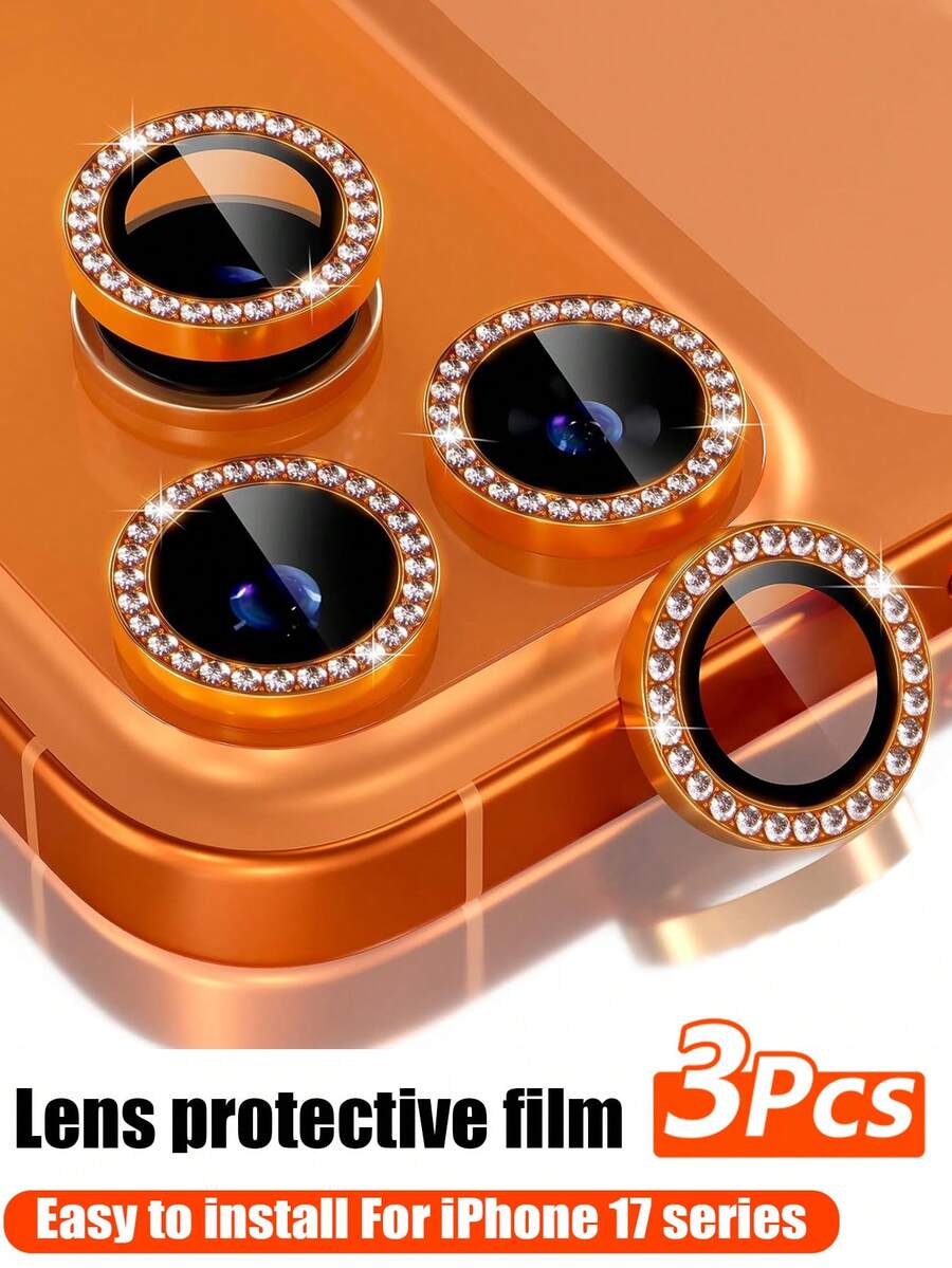 3 piezas Película protectora de lente de cámara con diamante para iPhone 17 Pro/17 Pro Max, protector de pantalla de vidrio templado 9H con anillo decorativo de metal (Diamante Naranja)