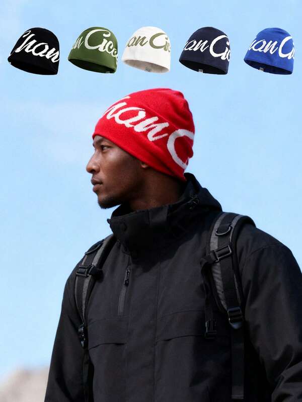 1 pieza Gorro reversible unisex - Gorro de calavera de punto elástico y a prueba de viento para hombres y mujeres, con estampado de letras, colores de dopamina, estilo Y2K hip hop callejero, accesorio casual de otoño/invierno y regalo de Navidad para hombres/mujeres