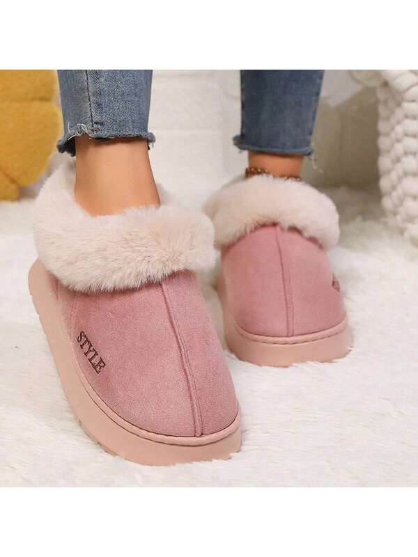 1 Pair Solid Color Fabric Fuzzy Edge Lining Women Indoor Slippers, Suitable For Home Wear All Seasons