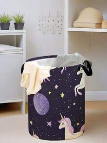 1pc Cartoon Pony Print Foldable Large Capacity Round Storage Basket With Handle, Multipurpose Storage Bin For Nursery, Baby Diaper, Clothes, Toys And Accessories Organization