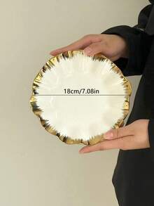 8-Inch Wavy Gold-Rimmed Ceramic Plate, Suitable For Serving Dishes, Appetizer Plates, Bread Plates, Kitchen, Dining Room, Hotel Reception, Tabletop Decor, Patio, Tray, Plate, Dishes, Rectangular, Round, Ramadan - Multicolor - View 3