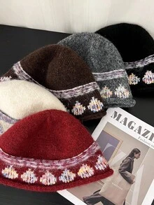 1pc Women's Fair Isle Jacquard Knit Fisherman Beanie Hat, Warm & Versatile For Autumn/Winter, Flattering