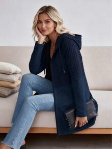 Women's Fall Winter Stylish Casual Hooded Cardigan - Solid Color Minimalist Design, Perfect For Daily Wear - 藍色 - 查看 5