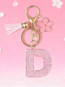 1pc DIY Pink 26 English Alphabet Keychain, Resin Glitter Flower Tassel Key Chain For Women Christmas Gift