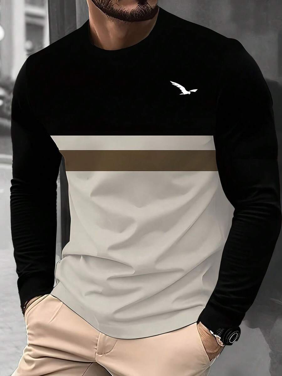 1pc Men's Casual Round Neck Colorblock Bird Print Long Sleeve T-Shirt, Business Style, Autumn