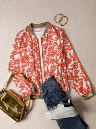 Christmas Women Contrast Color Long Sleeve Casual Zip-Up Jacket, Versatile