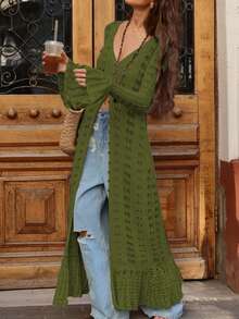 Nuevo cardigan largo de mujer de punto calado con volantes en el bajo, de manga larga, con botones, elegante y sencillo, para uso diario y festivales, estilo streetwear y Y2K, otoño e invierno 2025