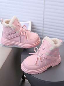 儿童保暖内衬踝靴，2025秋冬新款蝴蝶结软底防滑小女孩靴子，圆头百搭皮革保暖厚底平底靴 - 粉色 - 查看 5