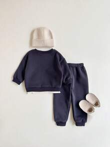 男婴字母印花二合一长袖卫衣和保暖运动裤套装（2件套），秋冬季 - 藏蓝色 - 查看 2