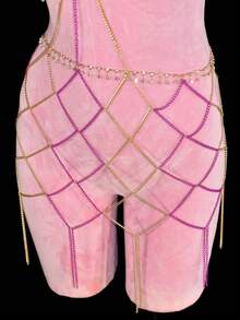 1pc Top + Skirt Metallic Dress, Shiny Crystal Tassel Body Chain For Beach, Party, Bikini