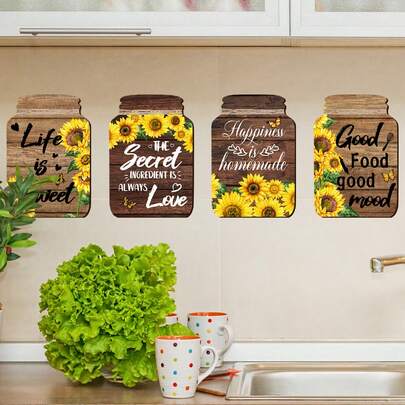 4pcs/Set Sunflower & Delicious Food Flat Wall Stickers, Wall Decorations Suitable For Room, Home, Kitchen Decor Room Decor Home Decor