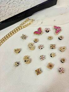 22 szt. DIY Buty ogrodowe, złoty aluminiowy łańcuszek, różowe kryształki, motyl, kwiat, odpinane ozdobne guziki, odpowiednie do obuwia plażowego, butów z wycięciami, prezentów świątecznych, na każdą porę roku