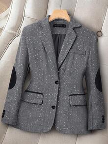 HOMEYEE Blazer con applicazioni di paillettes a maniche lunghe, giacca elegante casual da ufficio in stile vintage, adatta per tutte le stagioni, autunno/inverno - Grigio - Visualizzare 8