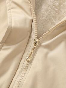 1pc Casual Versatile Women Jacket, Mid-Length With Detachable Hood, Solid Color, Outdoor Thermal Lining, Cinched Waist, Winter,Fleece,Skiing