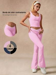 Top de yoga y pantalones largos para mujer - Tejido transpirable y elástico, ajuste cómodo sin restricciones - Ideal para yoga, meditación, entrenamiento en gimnasio y actividades físicas diarias - Rosa - Ver 1