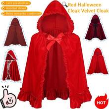 Red & Burgundy Halloween Velvet Cloak, Short Ruched Lace Trim Hooded Cape