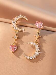 1 Pair Chic Luxurious Gold Rhinestone Star Moon & Heart Earrings, Fashionable Everyday, Date, Party, Holiday Wear