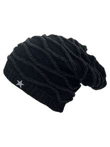 Classic Solid Color Thick Knit Beanie Hat With Five-Pointed Star Patch, Fashionable Jacquard Patterned Warm Knitted Cap For Autumn/Winter Winter Warm