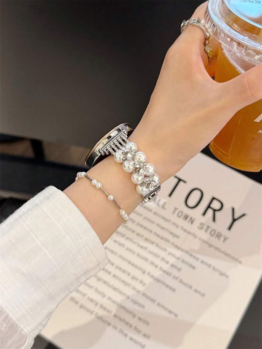 Diamond Studded Cat Eye Stone Bead Metal Bracelet Strap Suitable For Galaxy Watch 7/6/5/4 Strap 40 Mm 44mm 47mm 46mm 41mm,Galaxy Watch 5 Pro 45mm,Galaxy Active 2,Galaxy The Watch 3,18/20/22mm, Compatible With HW Watch 5/4/3/2/1 And GT5/4/3/2, As Well As HW Watch Fit3/Fit4 And HW Band 8/9/10NFC - Silver - View 1