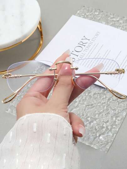 1 Pair Geometric Pattern Casual Copper Alloy Frameless Glasses, Minimalist Metal Frame, Suitable For Everyday Wear