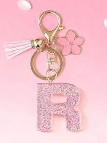 1pc DIY Pink 26 English Alphabet Keychain, Resin Glitter Flower Tassel Key Chain For Women Christmas Gift