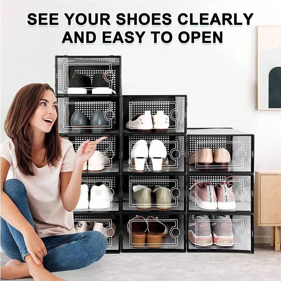 12pcs Thickened Clear Shoe Boxes With Lid, Foldable Stackable Free Combination Shoe Rack, Plastic Sneaker Container, Space Saving Storage Organizer For Entryway, Bedroom, Home, Dorm Shoe Organization Modern Shoe Storage Durable Plastic Box Shoe Storage Organizer Stacked Into A Shoe Rack Shoe Cabinets